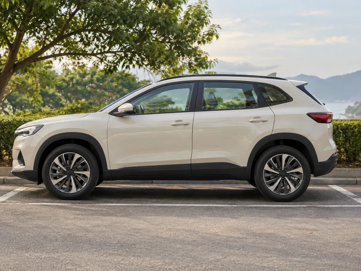 Side profile of a crossover with its body and wheels visible