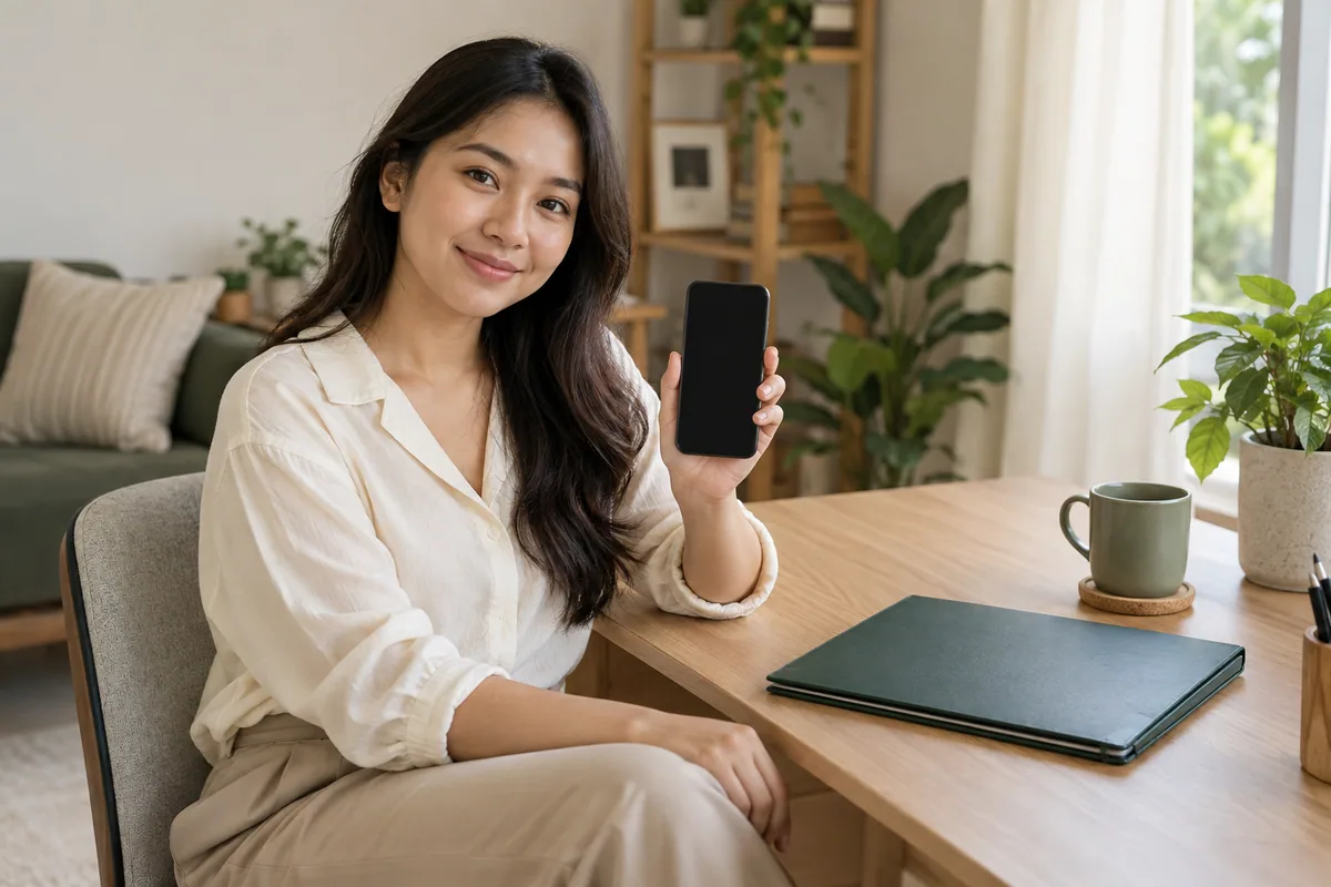 Customer holding a blank-screen phone beside a folder