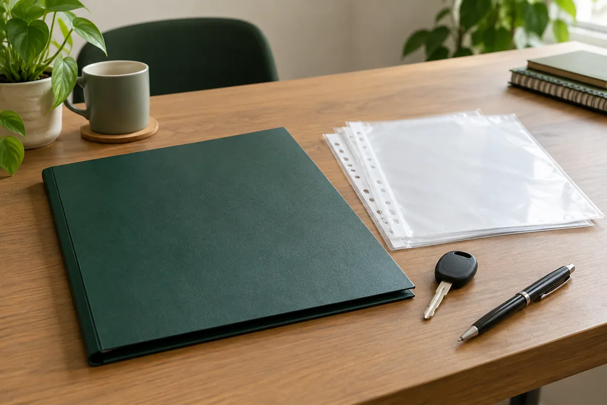 Folder, blank sheets and a key for document preparation