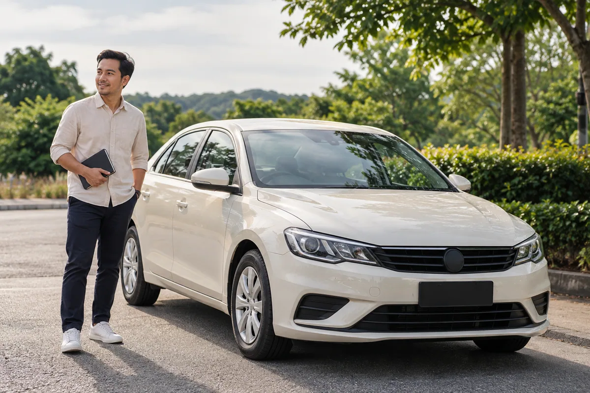 Pemilik bersebelahan kereta dengan buku catatan tertutup
